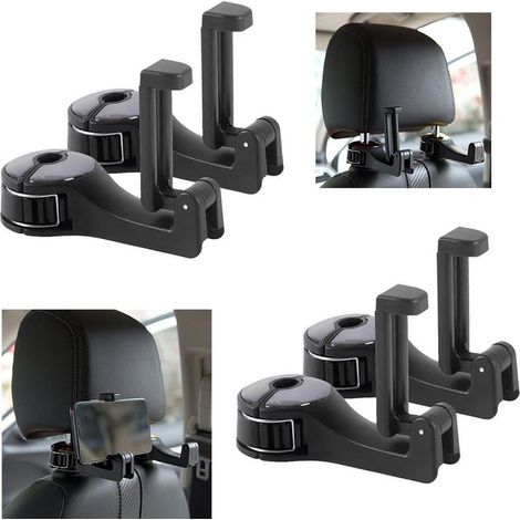 4er-Set universelle Auto-Kopfstützenhaken, Autositzhalterung mit Handyhalterung, Halterung für Handtaschen und Einkaufstaschen, Schwarz (1/5)