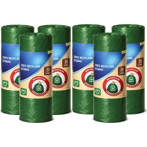 Lot de 90 sacs poubelle renforcés de 30 L ( 6 rouleaux de 15 sacs ) 100% recyclés, anti-fuite et ultra résistants, coloris vert (1/3)