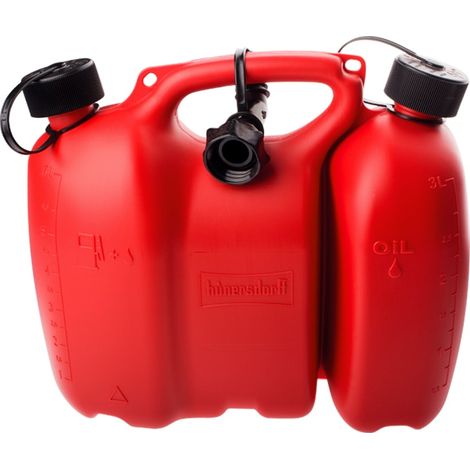 hünersdorff PROFI Doppelkanister / Kombikanister für Kraftstoff und Öl mit Kindersicherung und Auslaufrohr, 6 + 3 Liter, rot, UN-Zulassung, Made in Germany