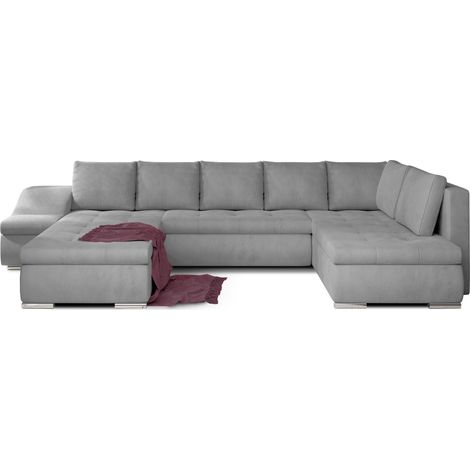 Canapé panoramique convertible JONAZ velours - Rangement integré A gauche-Gris clair-Méridienne A gauche (1/5)