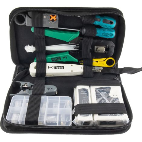 Kit d'outils réseau 10 pièces avec testeur de câble pour câble patch RJ45, pince à sertir pour fiches réseau, outil d'insertion LSA, outil de dénudage, tournevis, fiche modulaire RJ-45 (1/4)