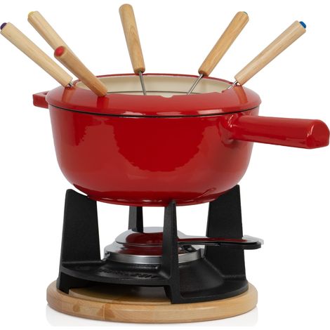 Service à fondue 13 pièces en fonte émaillée – Pour 6 personnes – 2 L – Brûleur en fonte avec diffuseur de flammes – Fourchettes en bois colorées – Mahlzeit