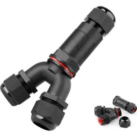 Boîte de jonction étanche en Y pour câbles 8–16 mm – Connecteur 3 voies en nylon noir IP68, usage extérieur (1/4)