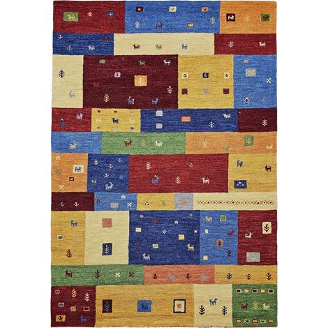 Tapis berbère 120 x 170 cm, Motif Berbère, Multicolore Bleu Rouge, Laine Noble Pour Chaleur Et Confort, Tufté Main, Structure Dense Et Originale