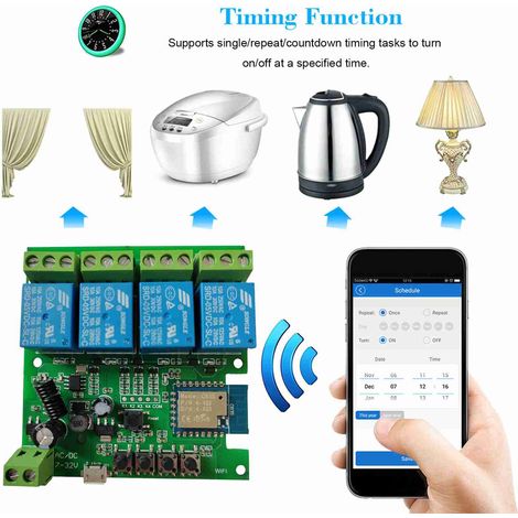 Module de commande sans fil intelligent Tuya 433 MHz, 4 canaux WiFi BT, compatible avec la programmation horaire et le contrôle via application pour la maison connectée.