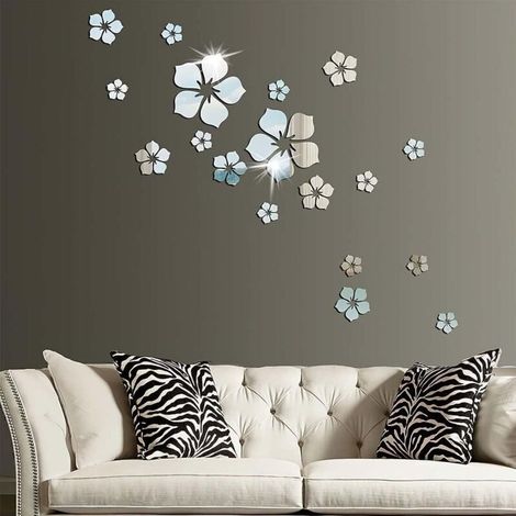 18 Pièces Réglage Miroir Acrylique Amovible Sticker Mural Decal Maison Décoration, 3D Stikers Murals Fleurs Decoration pour Salon Chambre Bureau