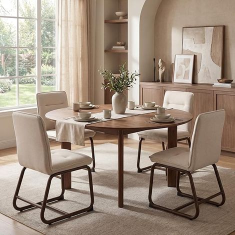 Wahson Set di 4 Sedie da Pranzo in Lino, Sedie Imbottite per Cucina e Soggiorno con Gambe in Metallo, 83.5 cm di Altezza, Beige