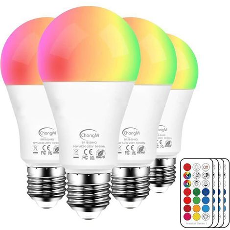 E27 12 Couleurs LED RGBW Ampoule Changement de Couleur Télécommande , Timing et Dimmable RGB+Blanc 10W (Lot de 4) (1/5)