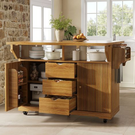 Desserte de cuisine avec rallonges de table rabattables, hauteur ergonomique de 95 cm, tiroirs, table de cuisine mobile, plan de travail, roulettes verrouillables, marron foncé (1/5)