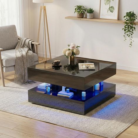Table basse fixe noir, carrée, 78x78 cm, LED, Table d'appoint, Table de salon avec 2 tiroirs push-to-open et plateau coulissant, Finition Haute Brillance, Style Moderne, Noir