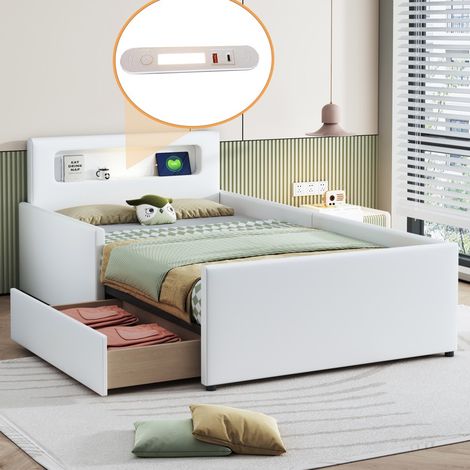 Lit 90x200cm - Lit Simple 90x200 - Lit Enfant Rembourré en Similicuir avec Tiroirs de Rangement Veilleuse LED et Prise USB - Blanc (1/5)