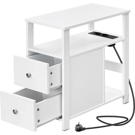 Mesa auxiliar estrecha con enchufe y 2 cajones, madera E1, blanca, 60 x 30 x 35 cm (1/5)