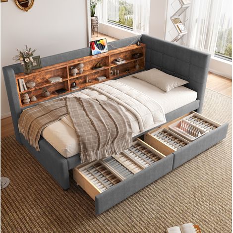 Cama de día tapizada (90x200 cm), con 2 cajones, tomas USB y Tipo C, con estantes, lino, gris (1/5)