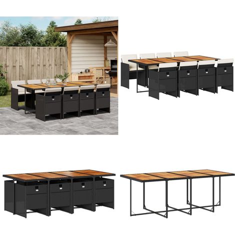 Set de comedor de jardín 9 pzas y cojines ratán sintético negro - Sillas de jardín - Cojines para sillas