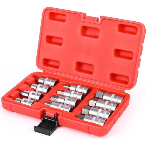 12 Pièces Jeu de Douille Allen 1/2,5-22mm Douilles à Choc Hexagonales,Douille Allen Douilles en Acier à Outils Avec étui Portable,Couple élevé,Anti Corrosion pour l'automobile et l'industrie (Rouge) (1/5)