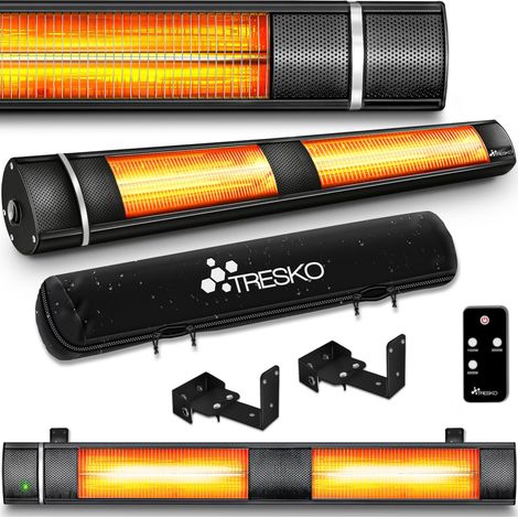 TRESKO Calefactor por Infrarrojos de Pared Negro 3000W + Control Remoto Estufa Radiante con 3 Temperaturas Radiador Eléctrico para Exterior e Interior Calentador de Cuarzo