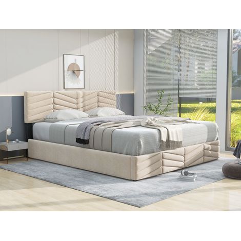 Polsterbett 140/200 cm beige aus Samt mit höhenverstellbarem Kopfteil (1/5)