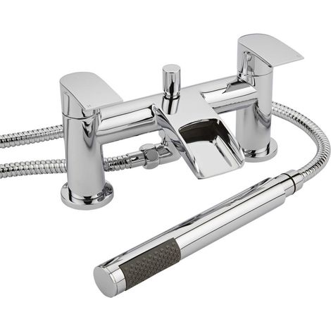 Milano Razor Chrome Deck Mounted Bath Shower Mixer Tap with Hand Shower Handset Kit - Waterfall Spout (1/5)