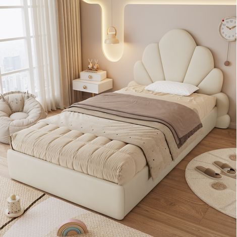 Lit simple rembourré moderne 90x200 cm en velours beige, tête de lit pétale, sommier à lattes et tablettes latérales (1/5)