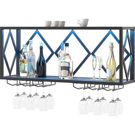 GOPLUS Porte-Bouteilles Mural avec Lumière LED, Étagère de Rangement pour Vin de 16 Couleurs, 6 Porte-Verres, Capacité pour 39 Bouteilles et 12 Verres, Étagère Suspendue Industrielle pour Maison, Bar (1/5)
