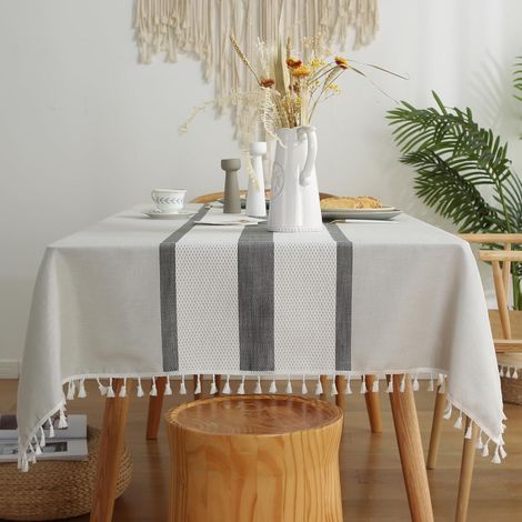 Nappe rectangulaire, nappe en coton et lin avec pompons, nappe anti-poussière, couverture de table de cuisine pour fête intérieure et extérieure (55 x 86 pouces, gris)