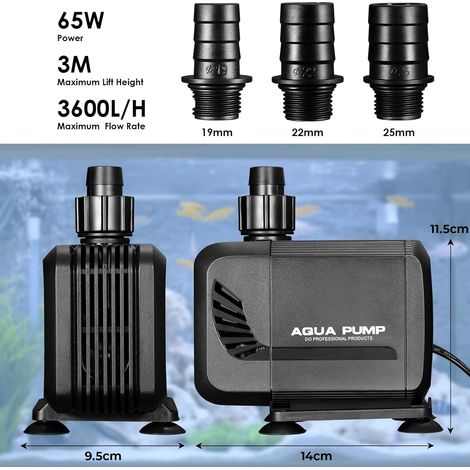 65W Tauchwasserpumpe, Mini Silent Pumpe, Aquariumpumpe mit 6 Düsen, 3 Größen: 19/22/25mm, 3m Förderhöhe, Amphibienwasserpumpe, Fischtank, Für Aquarium, Teich, Brunnen (1/5)