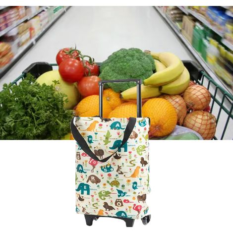 Chariot de courses extensible, petit chariot pour faire les courses, chariot de supermarché léger à roulettes, sac cabas pliable à roulettes, motif animal de dessin animé. (1/5)