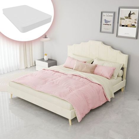 Lit rembourré - WESTYLE - 160x200 cm - Velours beige - Tête de lit cloutée - Sommier à lattes (1/5)