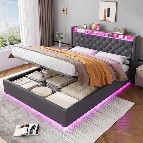 Lit coffre adulte 160x200 cm MODFU à sommier tapissier avec éclairage d'ambiance LED et prise électrique, tête de lit rabattable et coffre de rangement inclus (matelas non inclus), gris foncé (1/5)