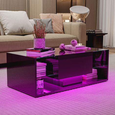 Table basse avec verre et LED, Table de salon, brillant, Table à café 1 tiroir de rangement, 100x50x35cm, Noir (1/5)