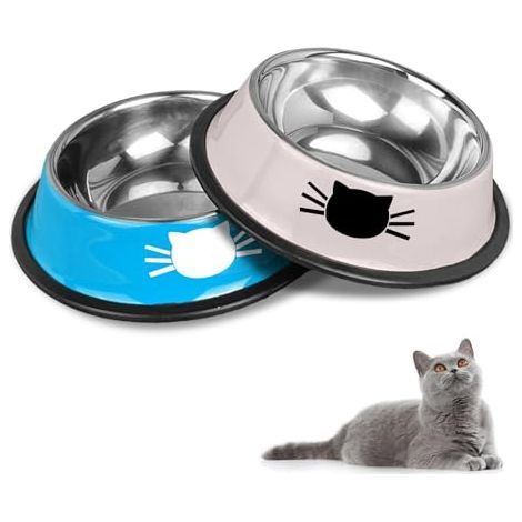 Set aus rutschfesten Edelstahl-Katzennäpfen (blau + grau) (1/5)
