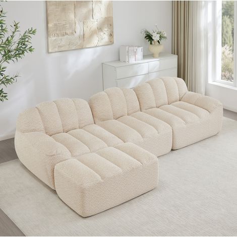 Canapé modulaire d’angle 3 places beige blanc en polaire granulée avec ottomane (1/5)