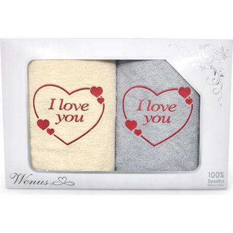 Juego de toallas con bordado "Te amo", 70x140cm, crudo, gris (1/2)