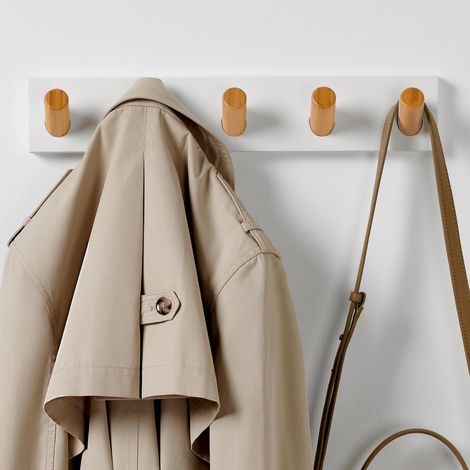 Porte-Manteau Mural Blanc - 5 Crochets XL Bois - 42 cm Patère Murale (1/5)