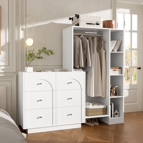 Armoire dressing ouverte 139x35x133 cm en panneaux de particules, blanc, 6 tiroirs, gain de place – MEUBLIV (1/5)