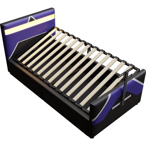 Lit enfant 90 x 200 cm au style e-sport avec revêtement en cuir PU effet color block, éclairage LED à changement de couleur, rangement hydraulique et support TV intégré, lit gaming multifonctionnel (1/5)