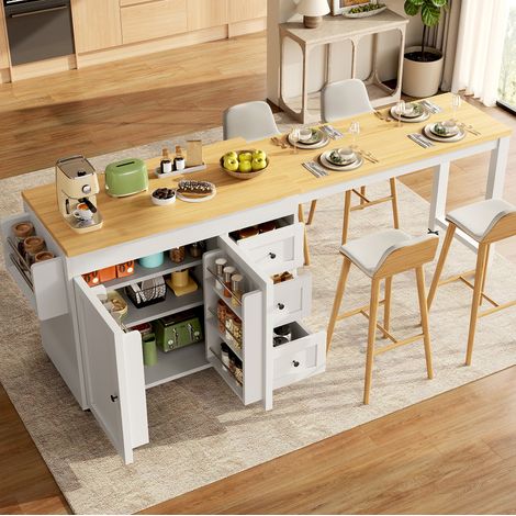 Mueble de cocina extensible 116-179,5 cm, 3 cajones, ruedas, blanco HAVRYA (1/5)
