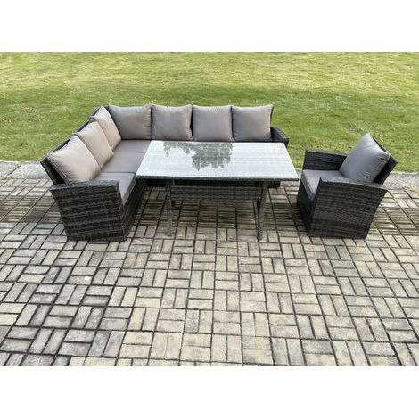 Fimous 7 Seater Garden Rattan Furniture Corner Dining Set Indoor Outdoor Lounge Sofa Set Dark Grey Mixed