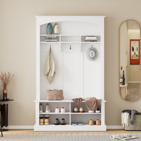 190 cm Flurmöbel-Set, 3-in-1 Flurgarderobe mit multifunktionaler Schuhbank, praktischer Aufbewahrung, weiß
