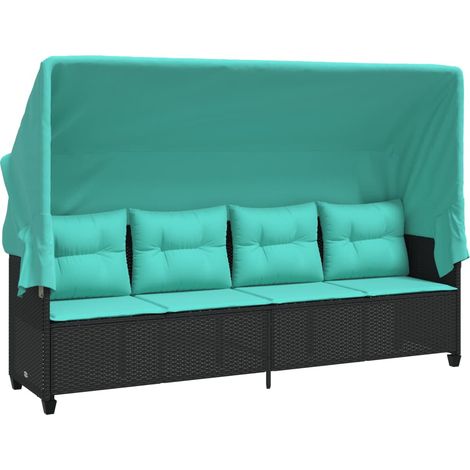 Chaise longue avec auvent et coussins noir résine tressée