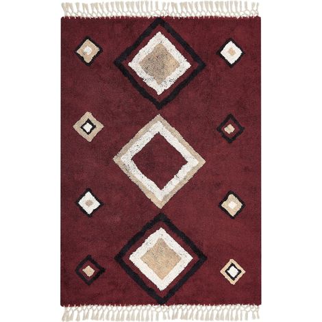 Tappeto in cotone con nappe e motivo a diamante rosso 140 x 200 cm Siirt