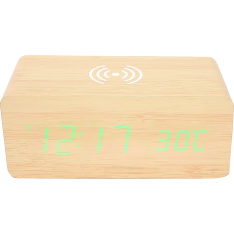 Réveil en bois, téléphone portable, chargement sans fil, commande vocale, multifonction, lumière verte (1/5)
