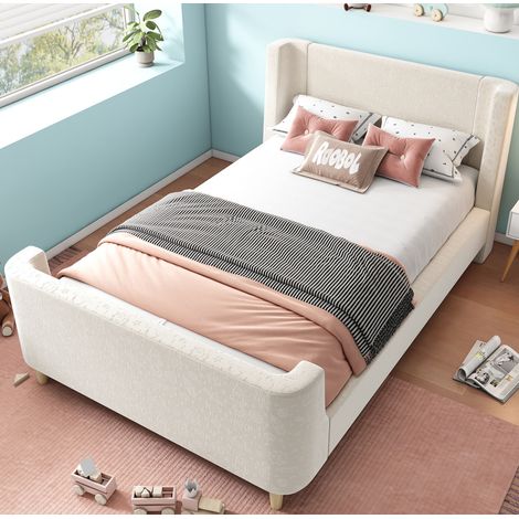 Lit enfant traîneau 90x200 cm en velours beige avec tête de lit rembourrée et sommier à lattes (1/5)