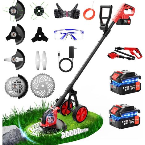 Débroussailleuse Électrique sans Fil 12 Pouces avec Roue, 20000 TR/Min, Coupe Bordure sans Fil avec Batterie, 2 Batteries 3000mAh, Poignée Réglable pour Jardin et Pelouse (1/5)