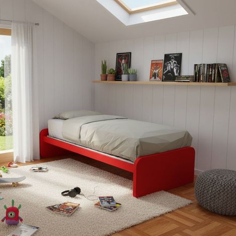 Letto singolo cameretta 80x190 con rete a doghe in acciaio e faggio - Rosso