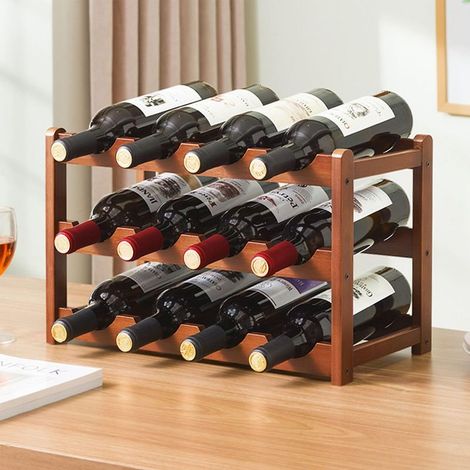 Casier à Bouteilles en Bambou Naturel, 3 Étages pour 12 Bouteilles, Rangement Bouteille de Bureau pour Restaurant ou Cuisine - 43x23x28cm (1/4)