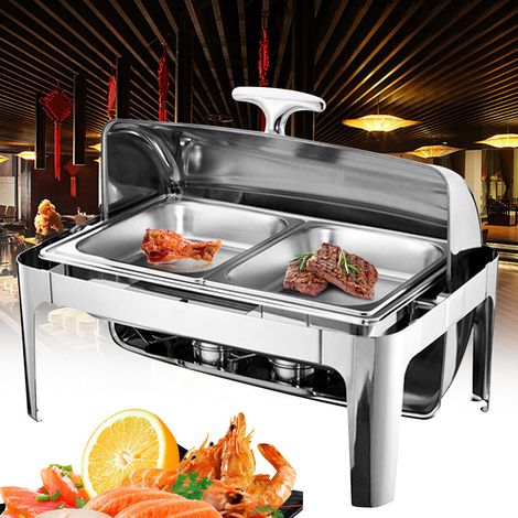 WarmhaltebehäLter Rolldeckel WäRmebehäLter Chafing Dish SpeisenwäRmer Edelstahl Set Profi SpeisewäRmer Buffet-Set Mit Roll-Top Ideal FüR Events Partys Einstellbares Thermostat Silber 9L