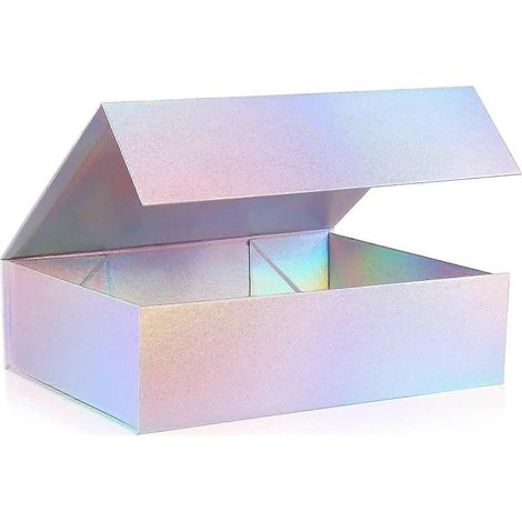 Coffret cadeau magnétique avec couvercle (1 pièce), 28 x 20 x 9 cm. Grand coffret cadeau, argenté holographique. Coffret pliable de luxe en carton résistant avec fermeture magnétique. (1/4)