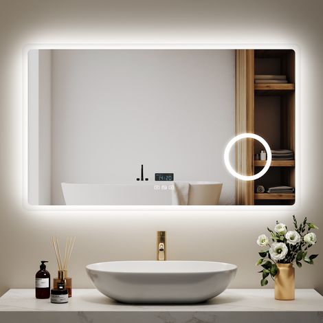 EMKE LED Badspiegel 100 x 60 cm mit Antibeschlag, Bluetooth & Uhr, 3 Lichtfarben, dimmbar, 3x Vergrößerung (1/5)
