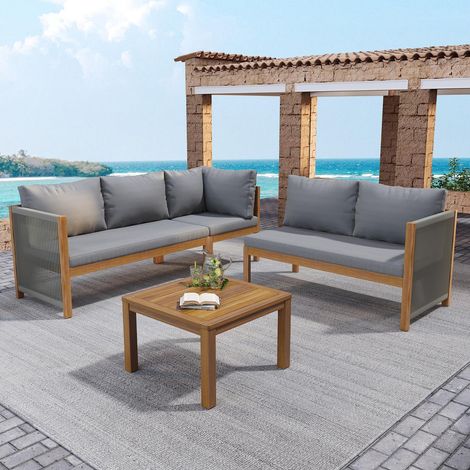 Salon de jardin d'angle, Canapé et table basse pour terrasse et balcon, Structure en bois d'acacia massif et corde tressée, Gris